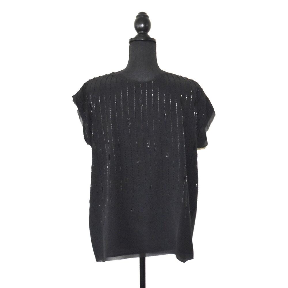 EILEEN FISHER Black Silk Sequin Beaded Short Sleeve Blouse Top Size L - Picture 2 of 5